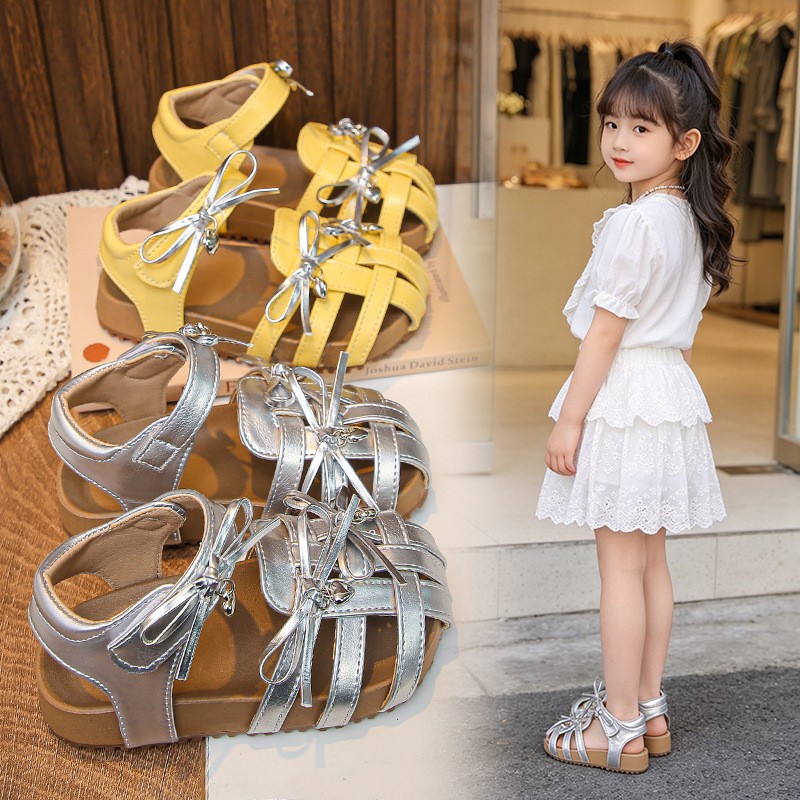 2026 Summer New Girls Sandals, Woven Style Sweet Bow Closed-Toe Sandals, Soft Sole Beach Shoes For Little Girls photo 1
