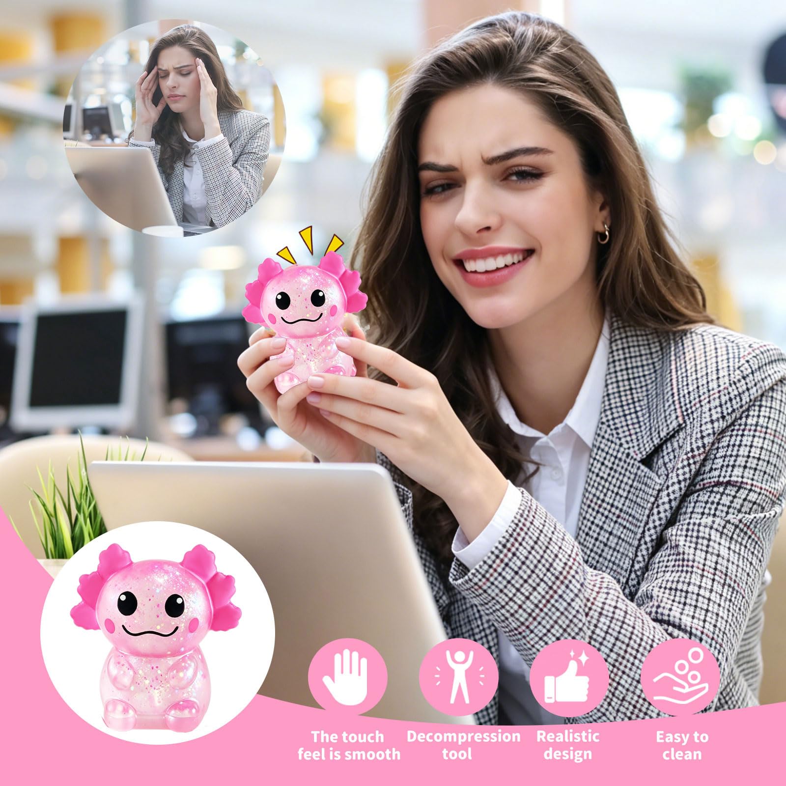 1PCS Glitter Axolotl Squishy, Slow Rising Squeeze Toy, Cute Axolotl Fidget Toy For Stress Relief, Calming Sensory Toy For Kids Adults, Party Favor Gifts photo 7