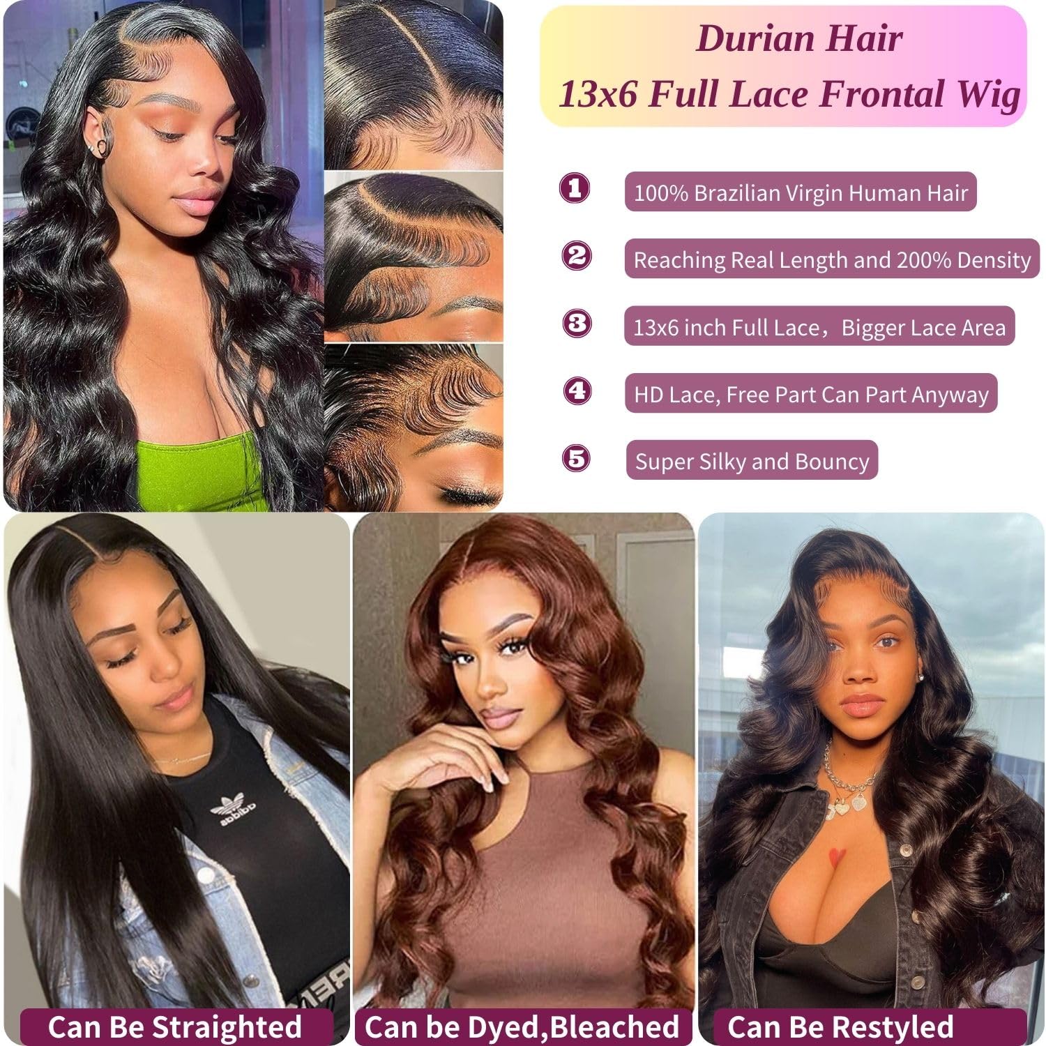 13x6 Front Lace Human Hair Wig, Natural Color, Body Wave, Density photo 2