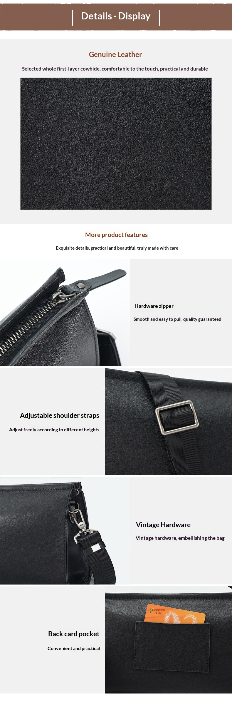 Leather Casual Trendy Brand Shoulder Bag, Men's Bag, Leather High-end Feeling, Men's Crossbody Bag, Multifunctional Business Handbag--6378 Vegetable Tanned Leather Black photo 2