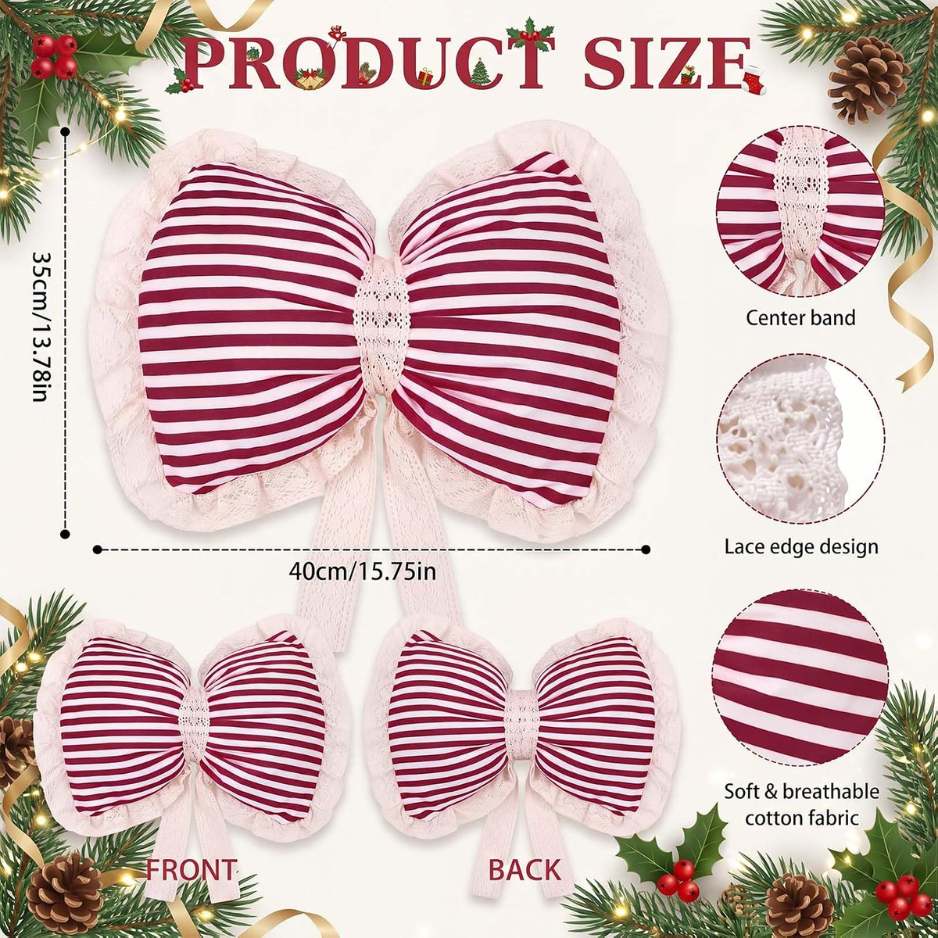Christmas Bow Throw Pillow Cover, Red & White Striped Decorative Cushion With Lace Ruffle Trim, Festive Holiday Home Decor For Sofa & Bed photo 6