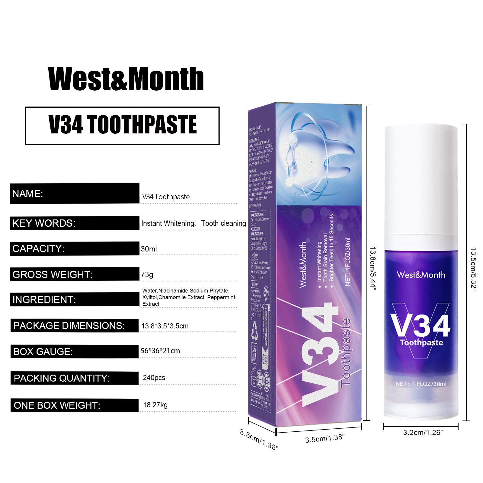 V34 Cleaning Toothpaste 30ml 1box photo 2