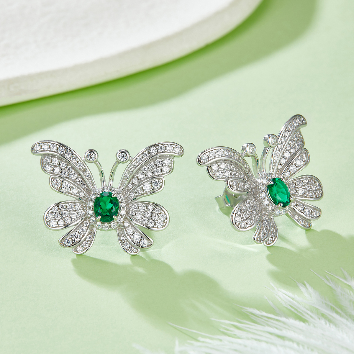 S925 Silver 6.6g Platinum Plated Butterfly Earrings, 0.39ct Lab-Created Emerald, Pair photo 2