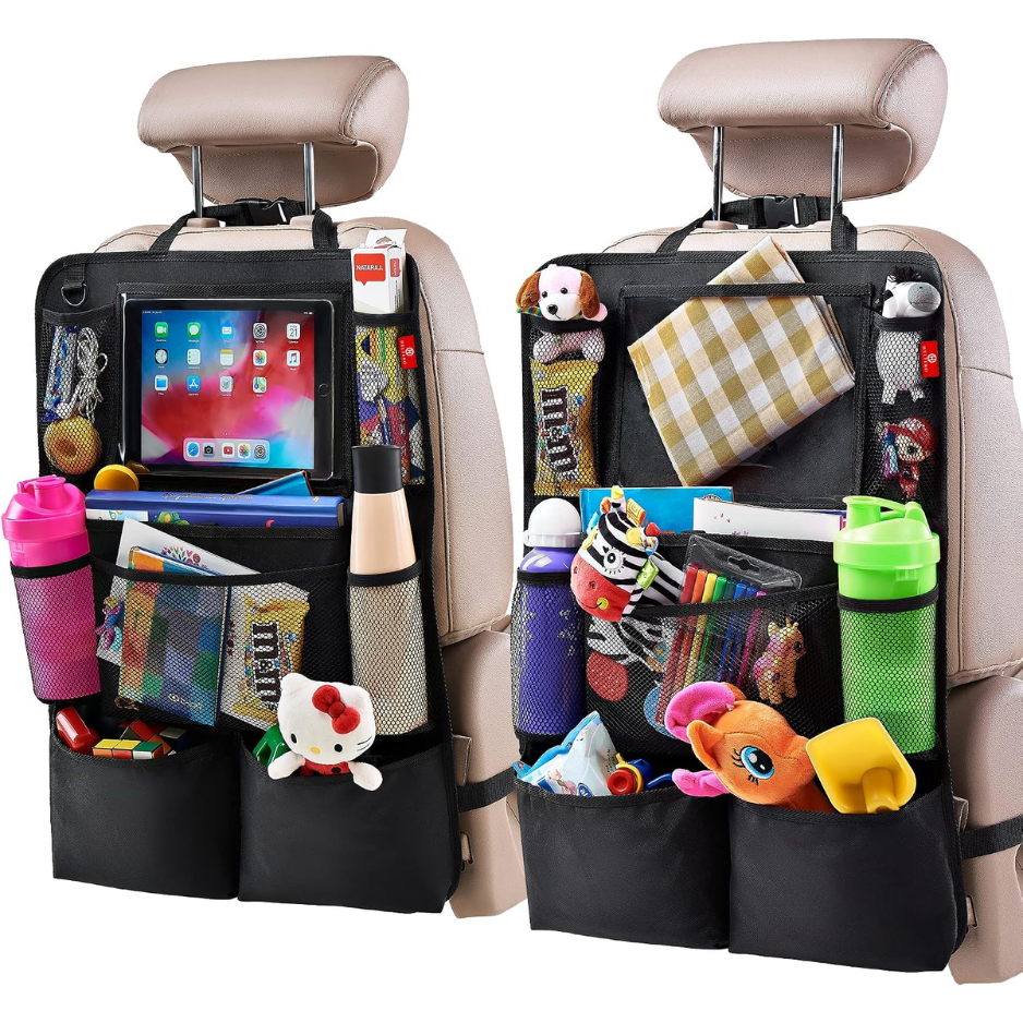 Backseat Car Organizer 2 Units, Kick Mat And Seat Back Protector With Tablet Holder And 9 Storage Pockets, Black photo 1