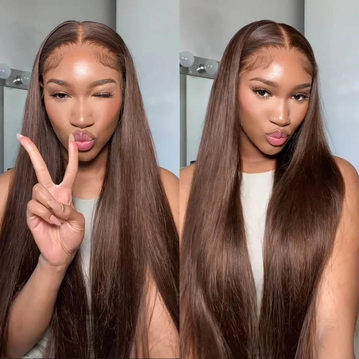 4x4 Lace Straight Human Hair Wig, Brown, Density photo 1