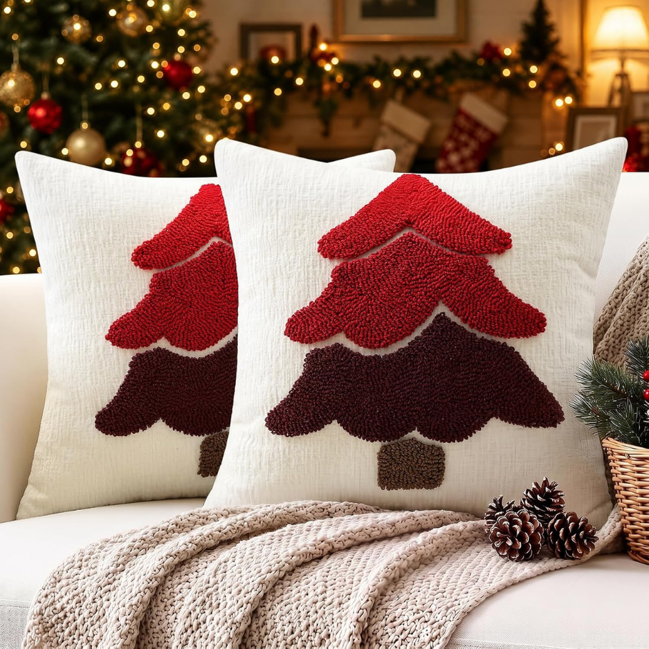 2Pcs Chenille Christmas Tree Pillow Covers 18x18, Red Holiday Decor photo 1