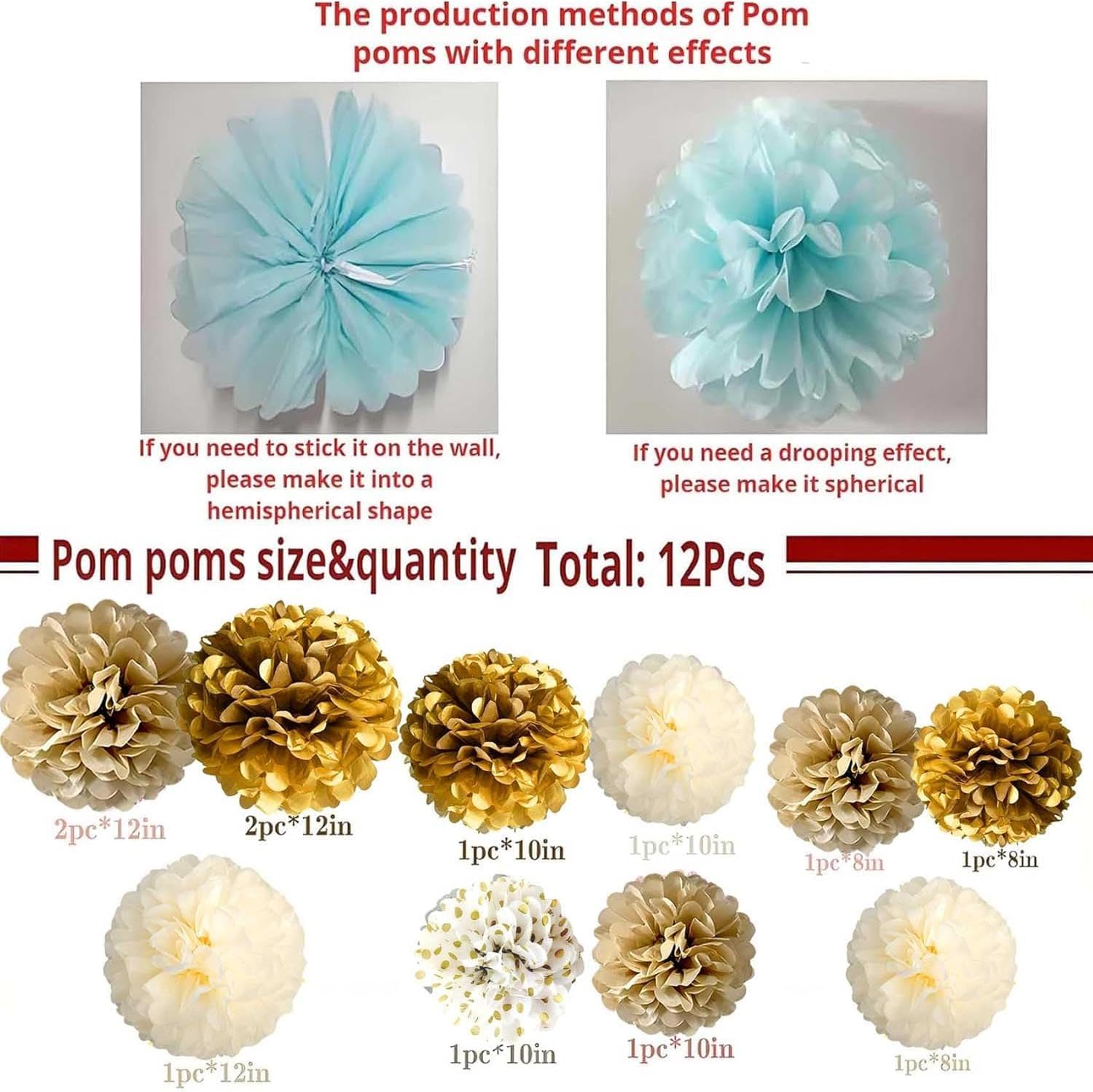 Gold White Tissue Paper Pom Poms 12 Units, Hanging Party Decorations For Wedding, Engagement, Birthday, Bridal Shower And Bachelorette photo 4