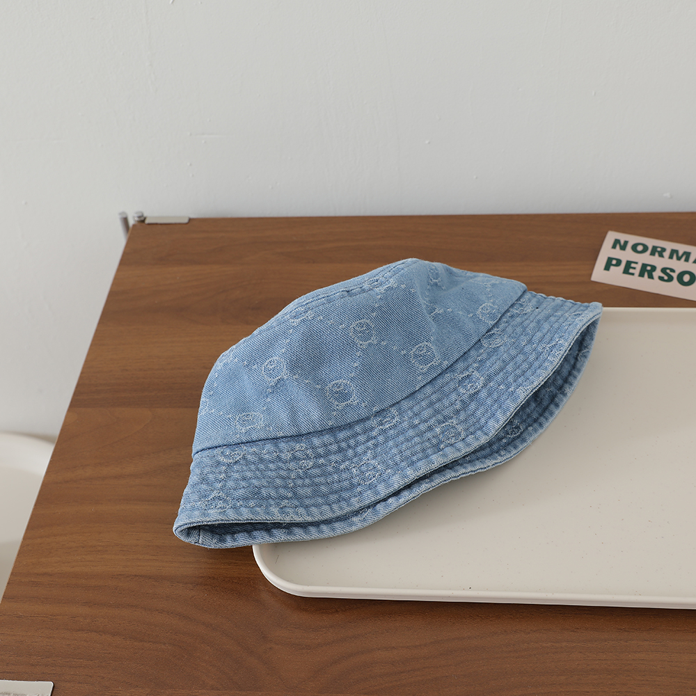 Retro Washed Baby Denim Fisherman Hat With Full Pattern Of Diamond-shaped Jacquard And A Small Bear On The Brim photo 5