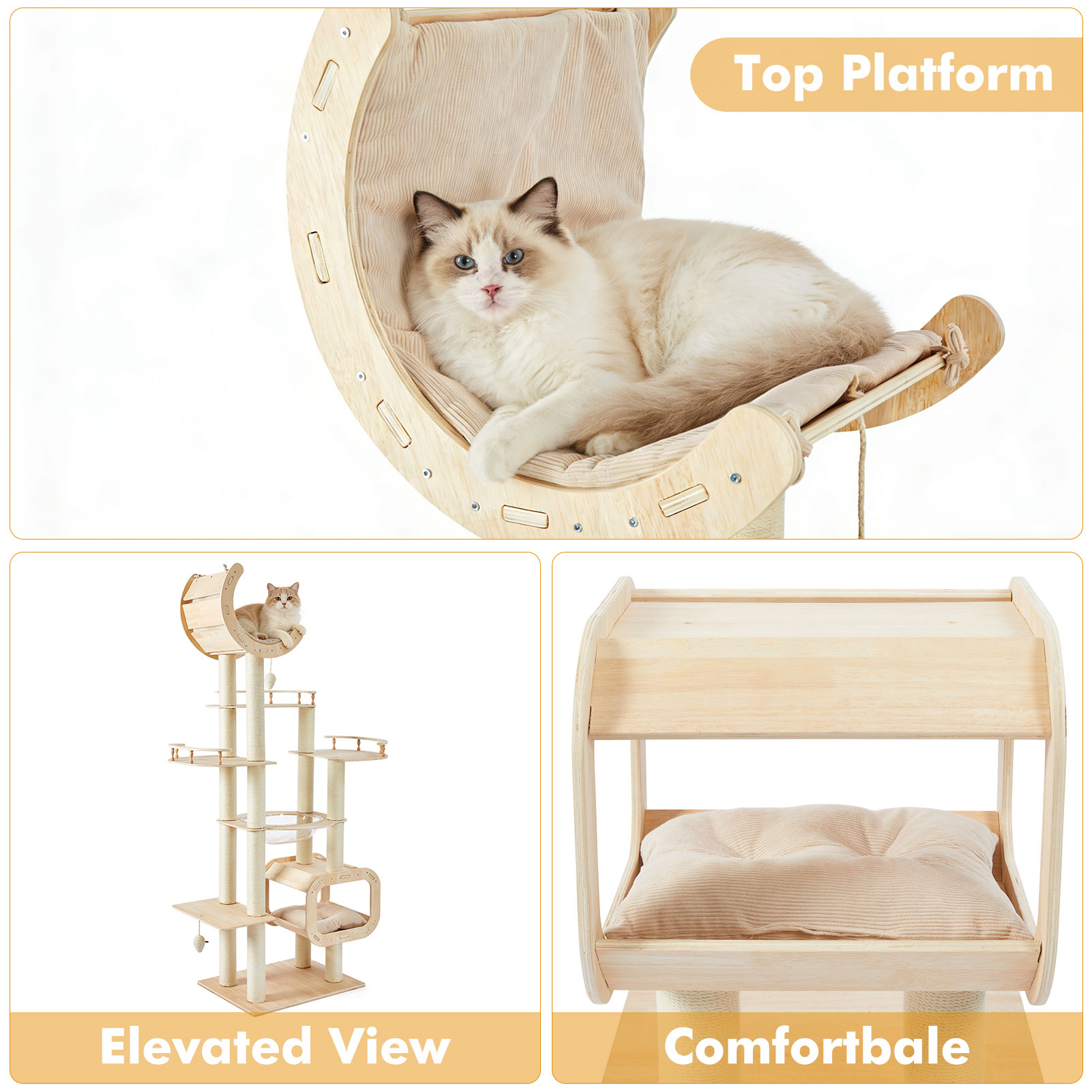 Heavy-Duty No-Drill Large Cat Tree-Solid Wood, 5-Story Multi-Column Cat Tower, 80.4in For Large Spaces & Multi-Cat Households, Open Condo, Space Capsule, Bed, Durable Indoor Pet Furniture photo 4