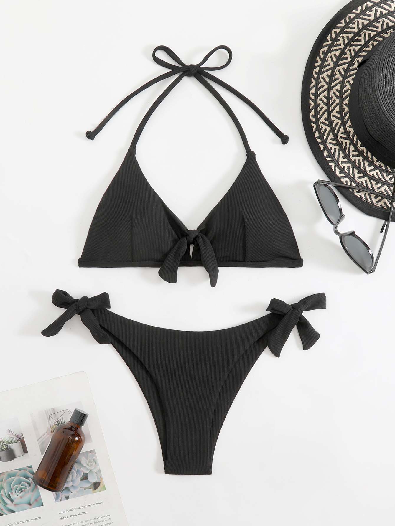 2026 New Solid Color Sexy Circular Cutout Split Set Swimsuit Straps Over-the-Shoulder Halter Two-Piece Bikini Set photo 5