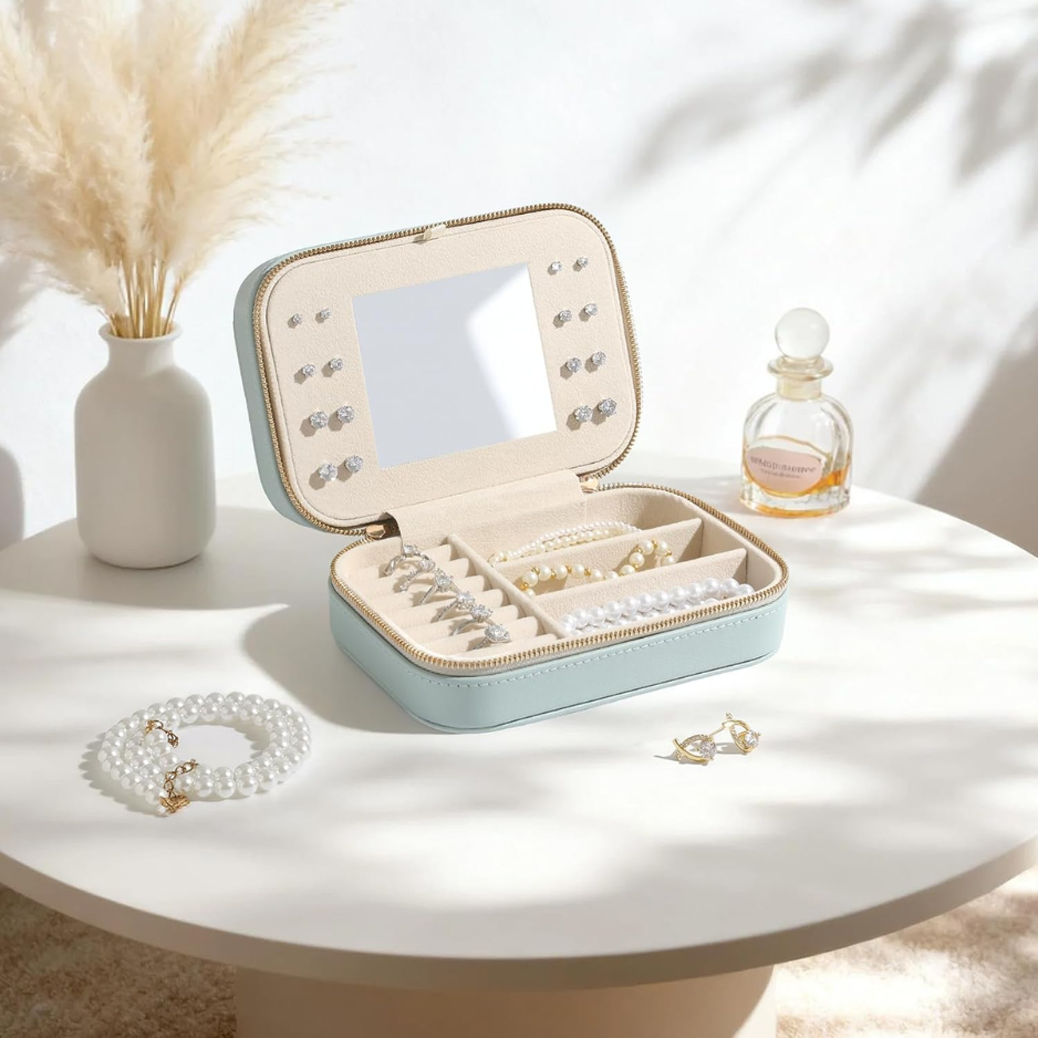 Genuine Leather Travel Jewelry Organizer Case With Mirror For Women, Small Mini Portable Jewelry Box For Ring Earrings Necklace Bracelet Luxury Gift For Women photo 6