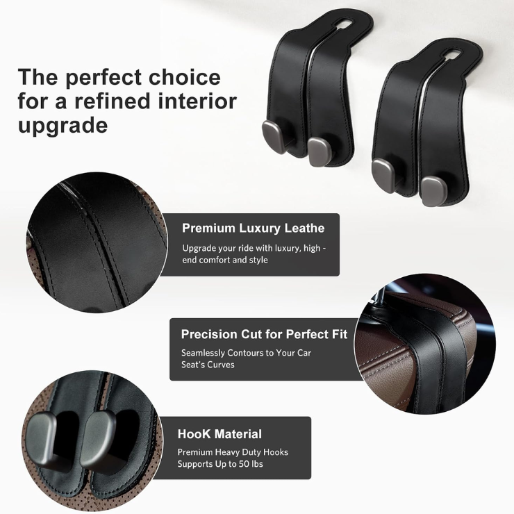CoBak Purse Hook For Car Universal Premium Stitched Leather And Aluminum-Magnesium Alloy Double Car Seat Back Storage Hook For Purses, Handbags, Bags 2 Pack Black photo 2