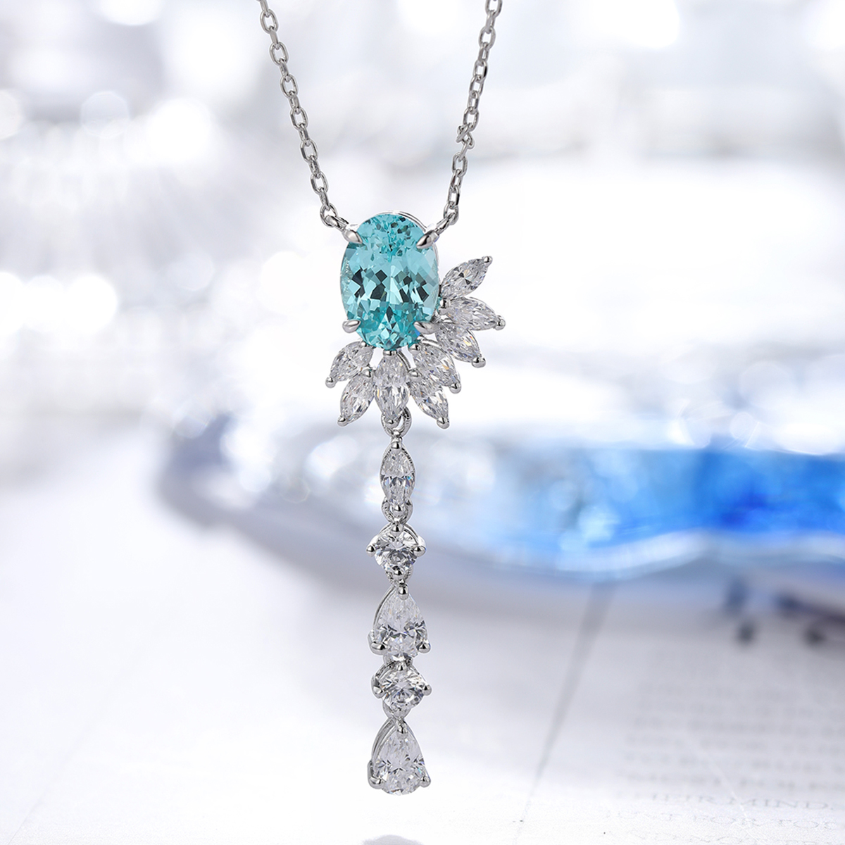 S925 Silver 4.3g Lab-Created Ruby Paraiba Lariat Necklace, 6.5x9mm, 40&5cm photo 5