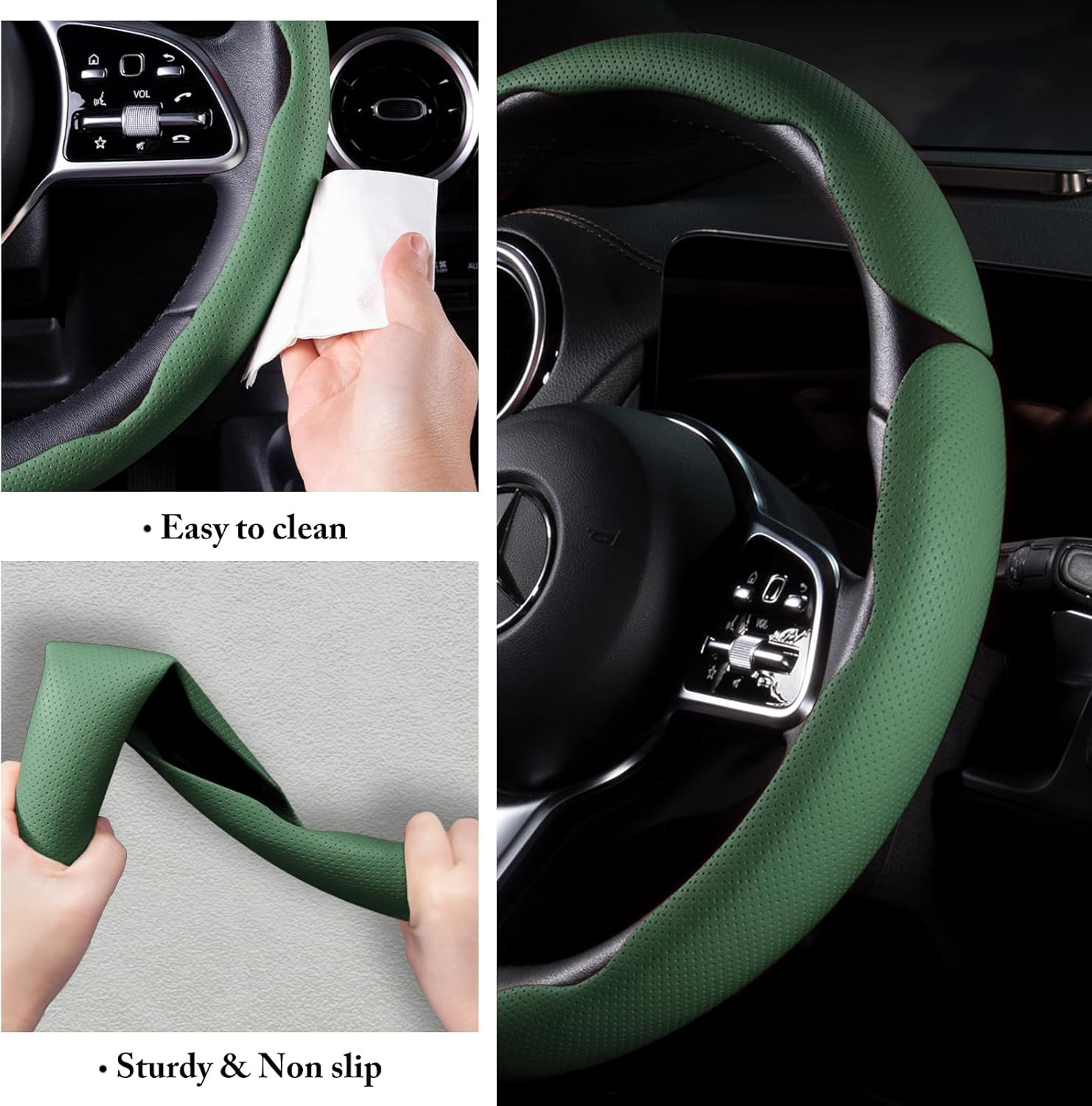 Car Steering Wheel Cover Leather Snap On 3Pcs Set Non-Slip Protector Wrap Steering Wheel Accessories  Universal Green photo 3