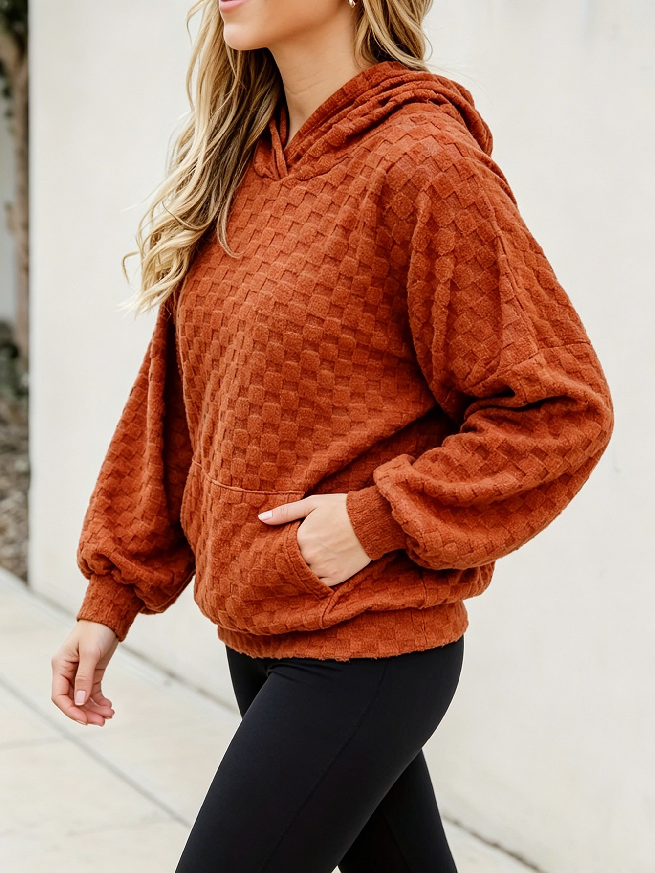 Women Waffle Textured Hoodie Long Sleeve Lantern Sleeve Pullover Sweatshirt With Front Kangaroo Pocket Casual Top photo 4