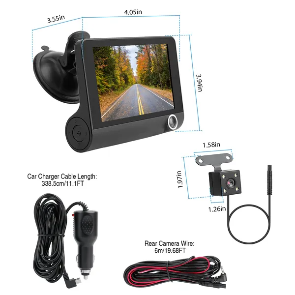 1296P Car DVR Dash Camera 4In 3 Lens Vehicle Driving Recorder Seamless Recording photo 2