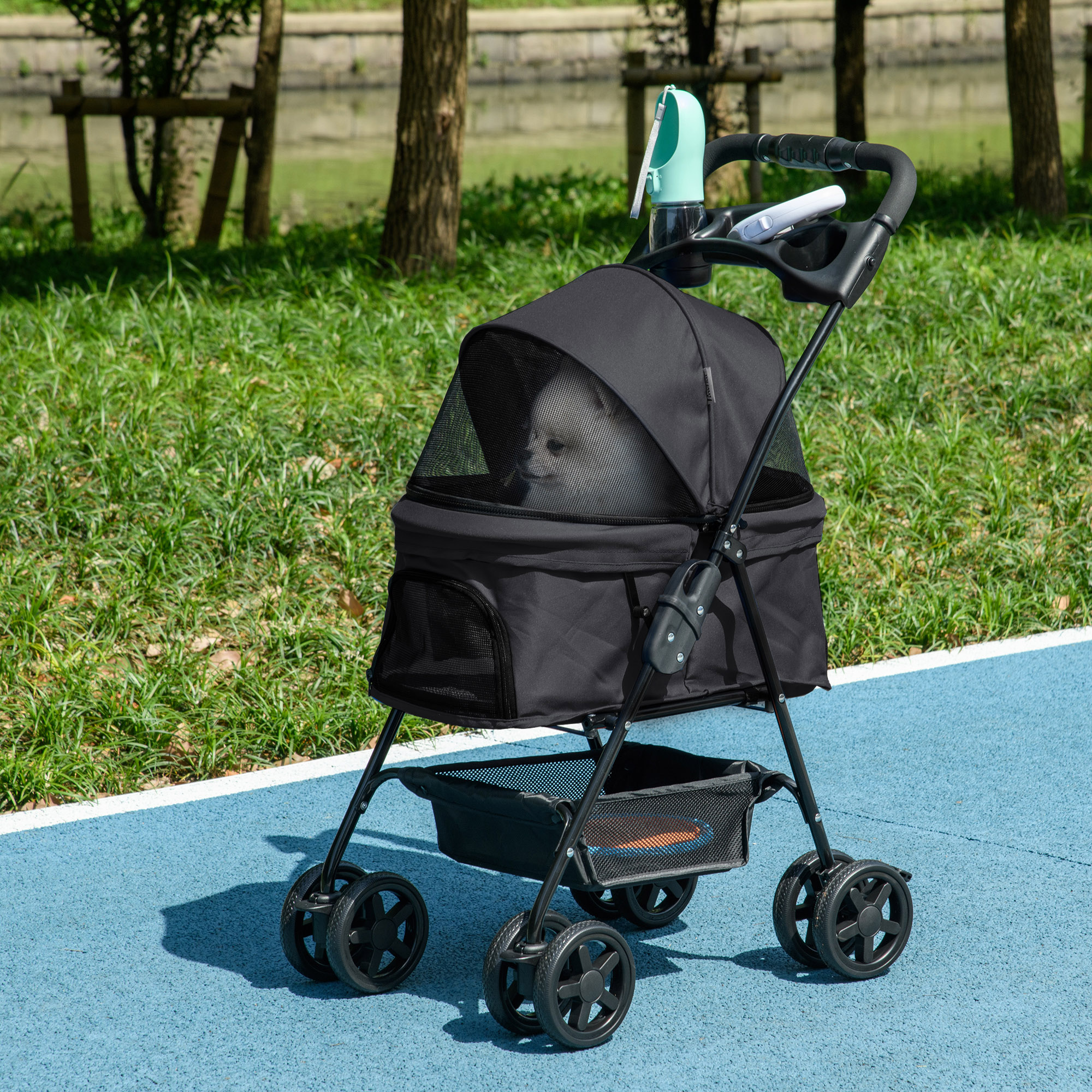 PawHut Dog Pram Dog Stroller Foldable Pet Pushchair With 4 Wheels, Safety Leashes, Cup Holder For Small Dogs, Black photo 5