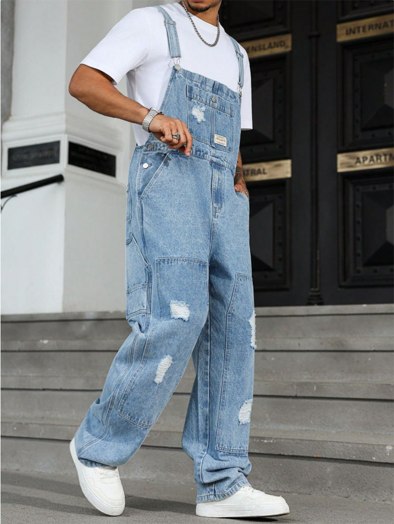 Distressed Light Blue Denim Overalls Men Ripped Loose Fit Vintage Streetwear Bib Overalls US Stock photo 6