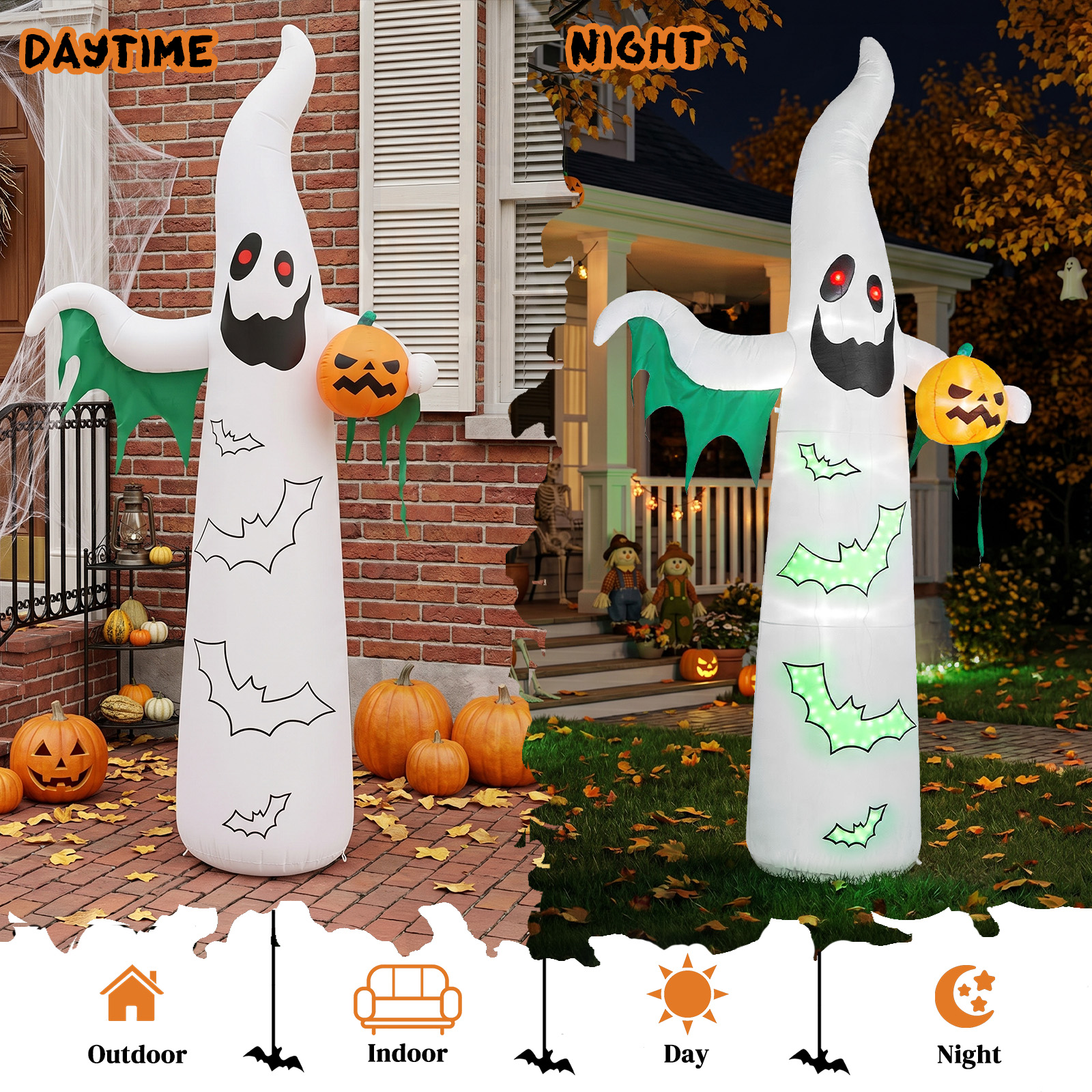12ft Inflatable Halloween Decor With Flashing Bats & White Ghosts,4 LED Lights - 82 String Lights,White & Green,12V 1500mA US Power Adapter photo 5