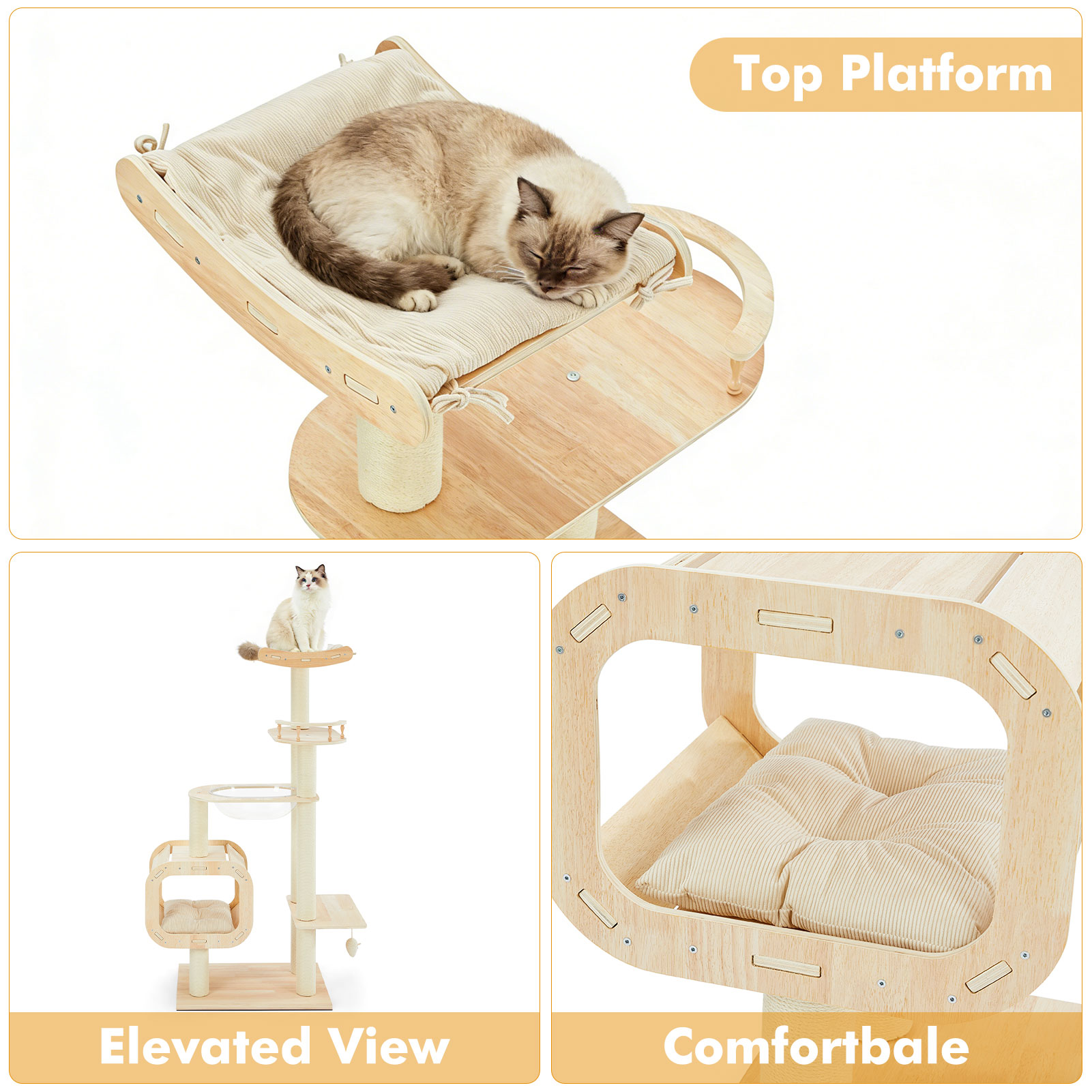 Modern Heavy-Duty No-Drill Cat Tree-Solid Wood Multi-Story Board, 4-Story Multi-Column Cat Tower, 57.9in For Multi-Cat Households, Open Condo, Space Capsule & Perch, Natural Wood Indoor Pet Furniture photo 8