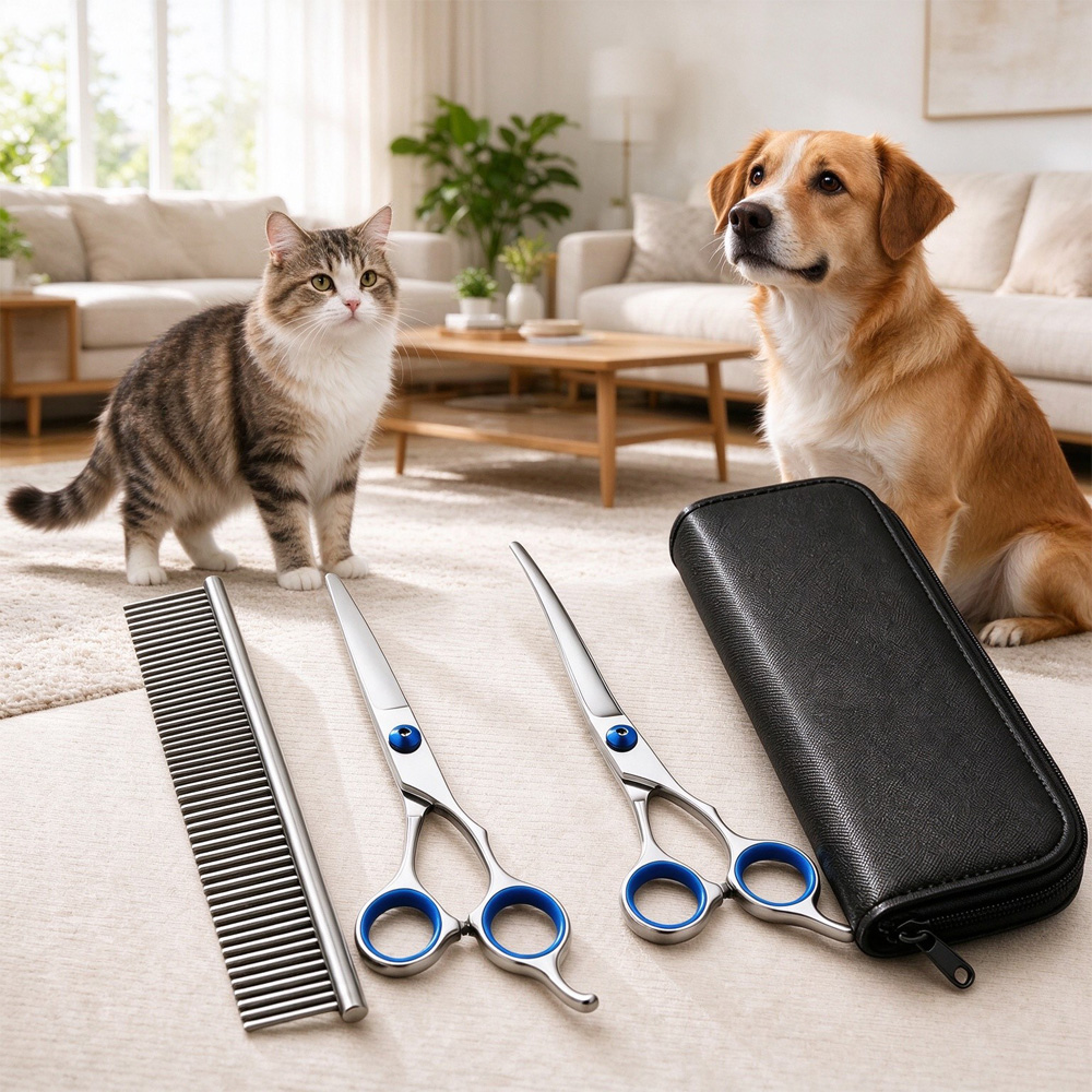 Pet Grooming Scissors Kit, 4 In 1 Professional Stainless Steel Dog Cat Grooming Shears Set, Straight & Curved & Thinning Scissors With Metal Comb & Storage Case, Safe Home Pet Hair Trimming Tool For photo 1