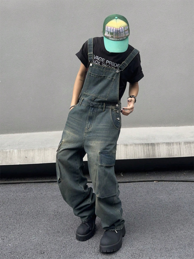 Mens Vintage Denim Bib Overalls Faded Wash Wide Leg Baggy Streetwear Dungarees US Warehouse Ready Stock photo 4