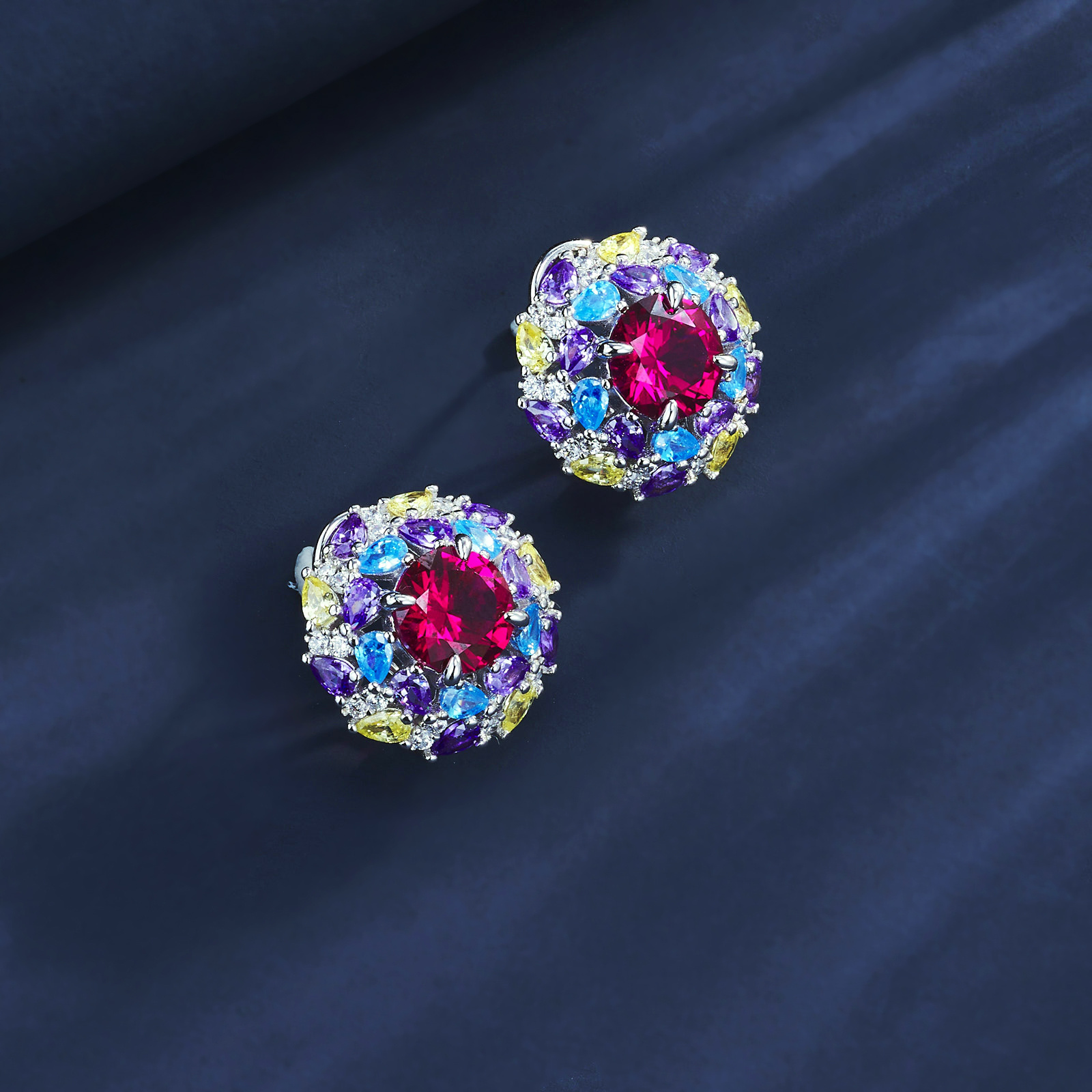 S925 Silver 6.5g 2ct Lab-Created Ruby Earrings, Multicolor Cluster, Pair photo 5