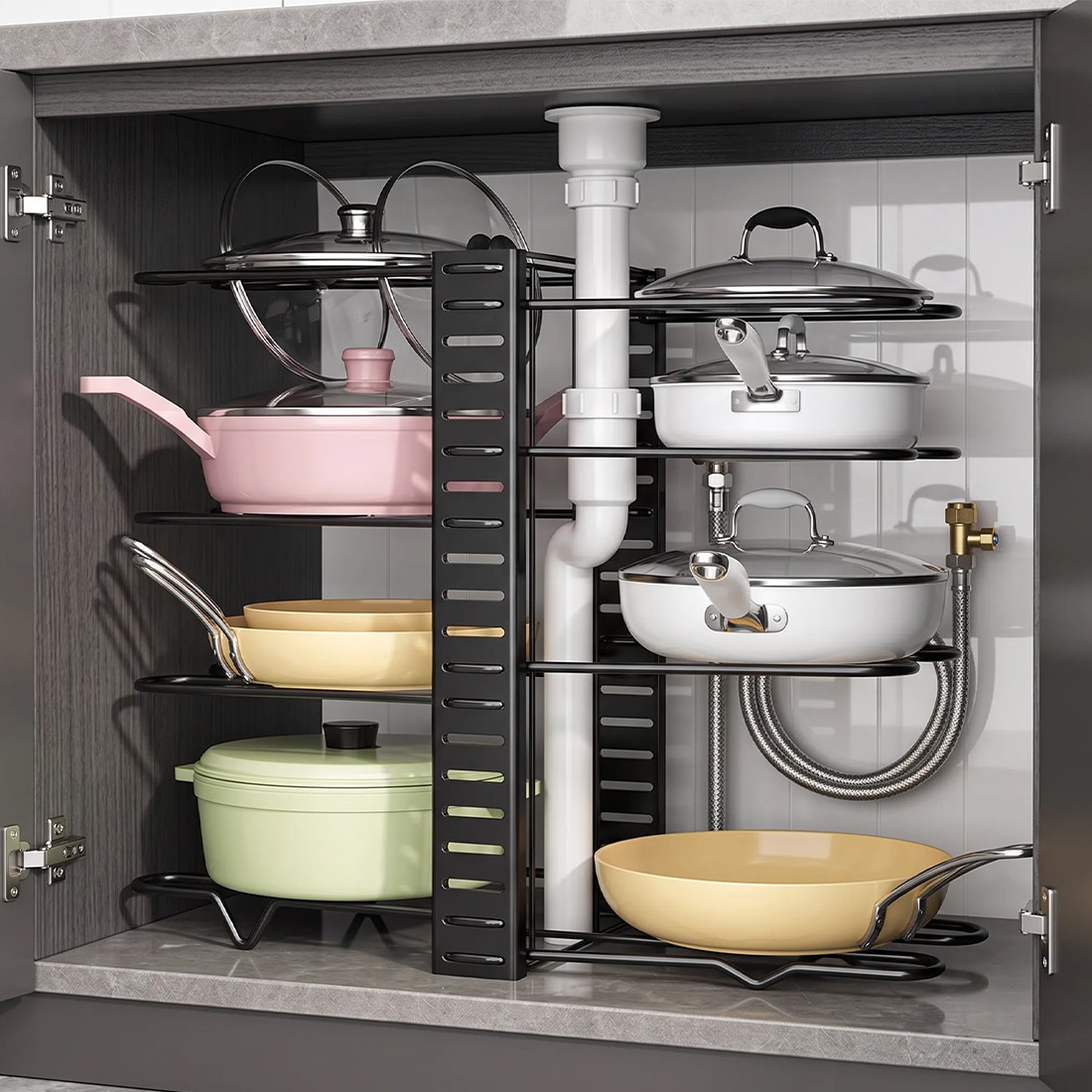 Adjustable Pan Organiser Pot Saucepan Kitchen Storage Rack Holder Sturdy Shelf photo 1