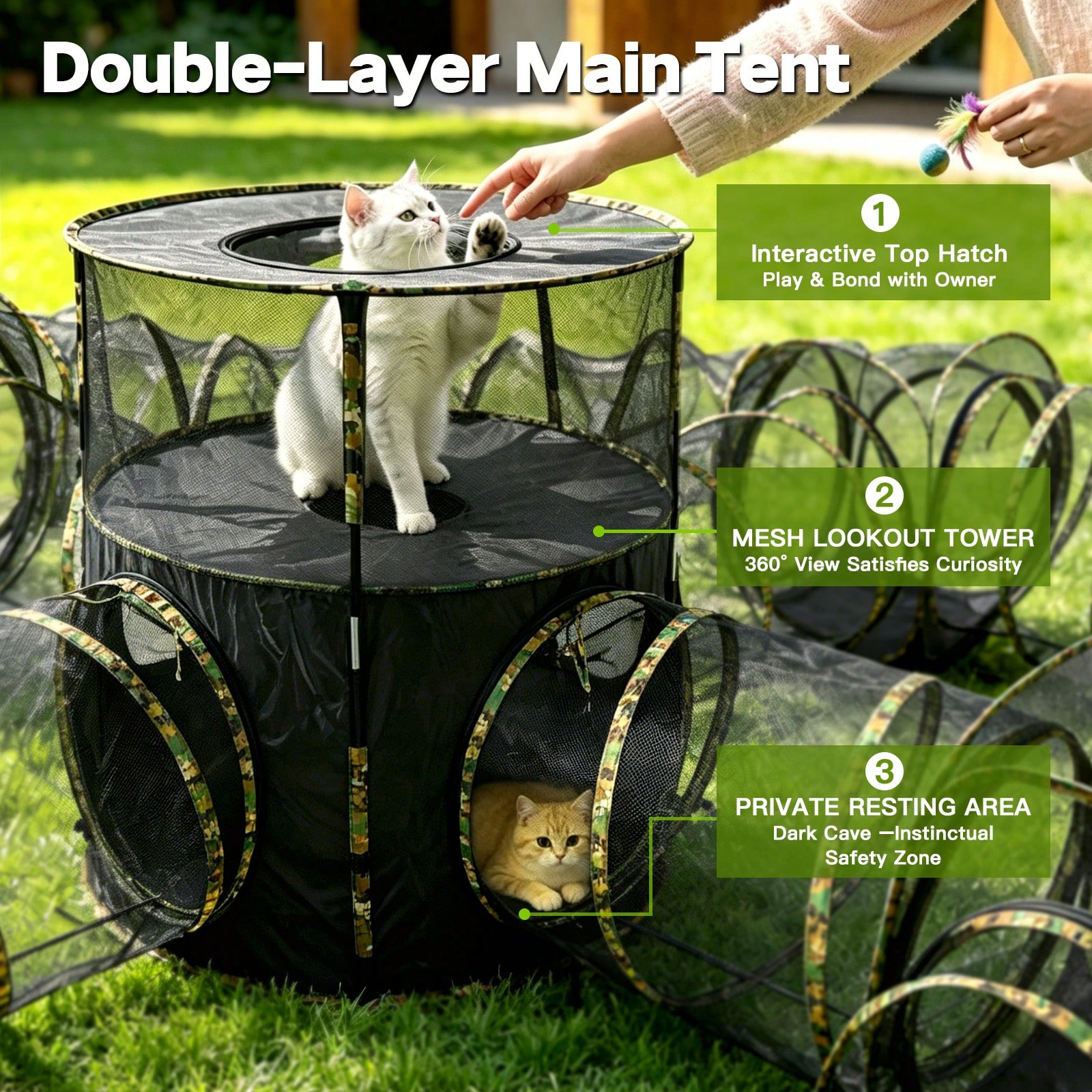 3 In1 Catio Outdoor Cat Enclosure, 2-Tier Cat Tents With Tunnels For Indoor Cats Pop Up Cube, Pet Tower Playpen With Tunnels And Tents photo 4