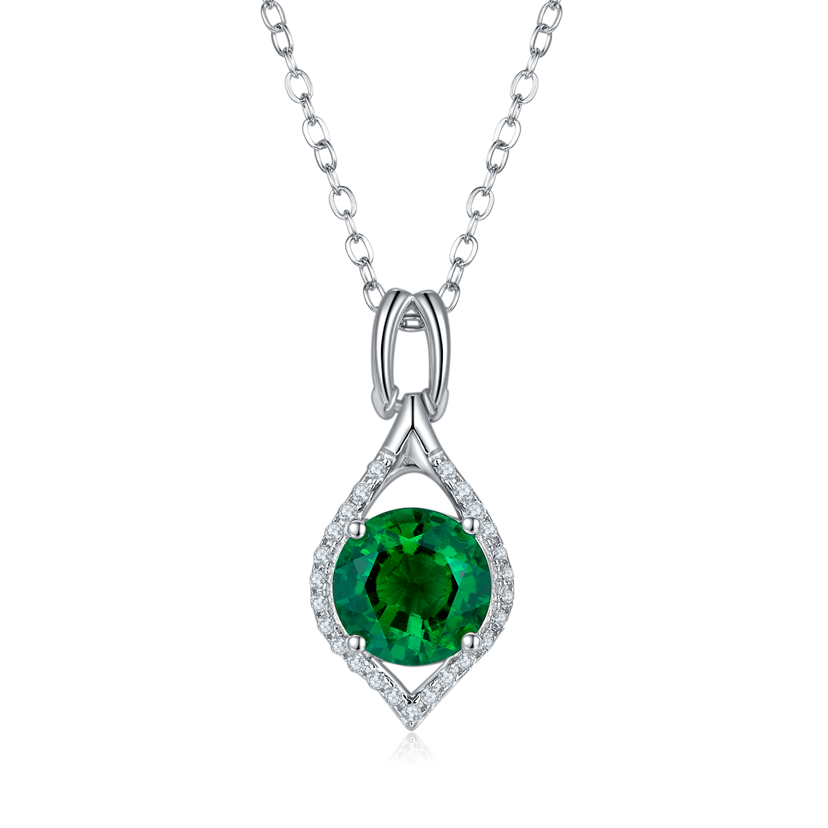 S925 Silver 2.7g Platinum Plated 2.3ct Lab-Created Emerald Necklace, 8mm Halo Pendant, 40&5cm photo 1