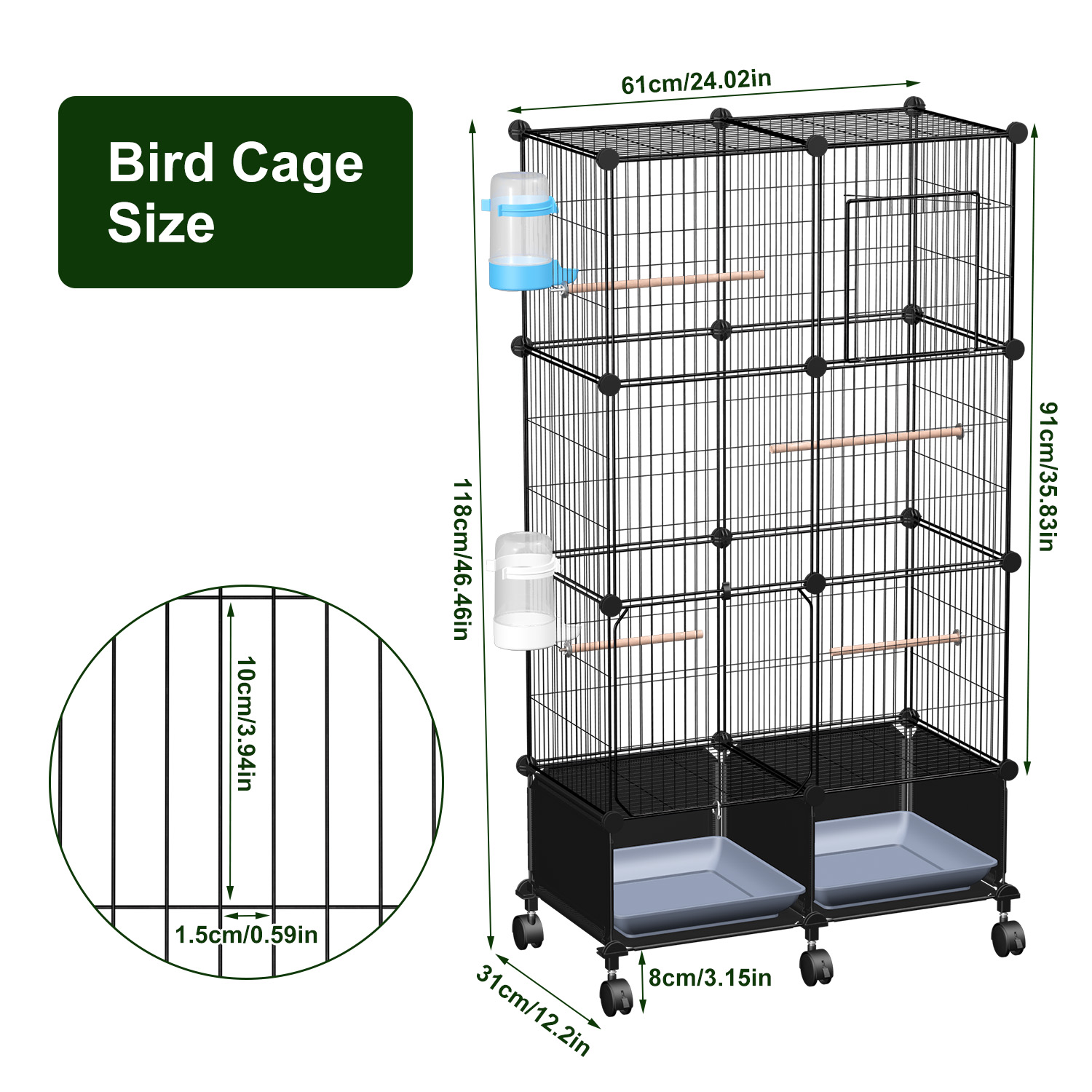 1Pc  46in Bird Cage Spacious Indoor Pet Bird House With 4 Wooden Perches 2 Slide-Out Tray 2 Water Bottle Feeder Lockable Wheels For Parrot Parakeets Cockatiel Lovebird Small Mid-Sized Birds photo 2