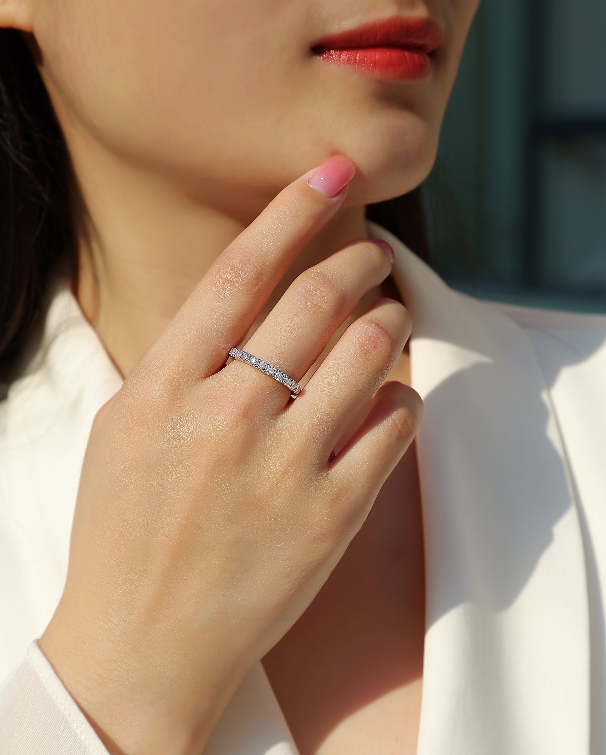 S925 Silver 2.6g Platinum Plated Moissanite Ring, 3.0mm 8pcs D VVS1 Half Eternity Band, GRA Certified US 5-9 photo 5