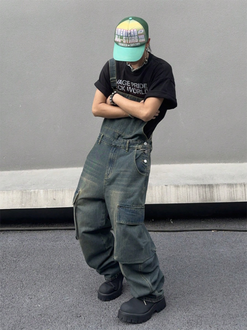 Mens Vintage Denim Bib Overalls Faded Wash Wide Leg Baggy Streetwear Dungarees US Warehouse Ready Stock photo 8