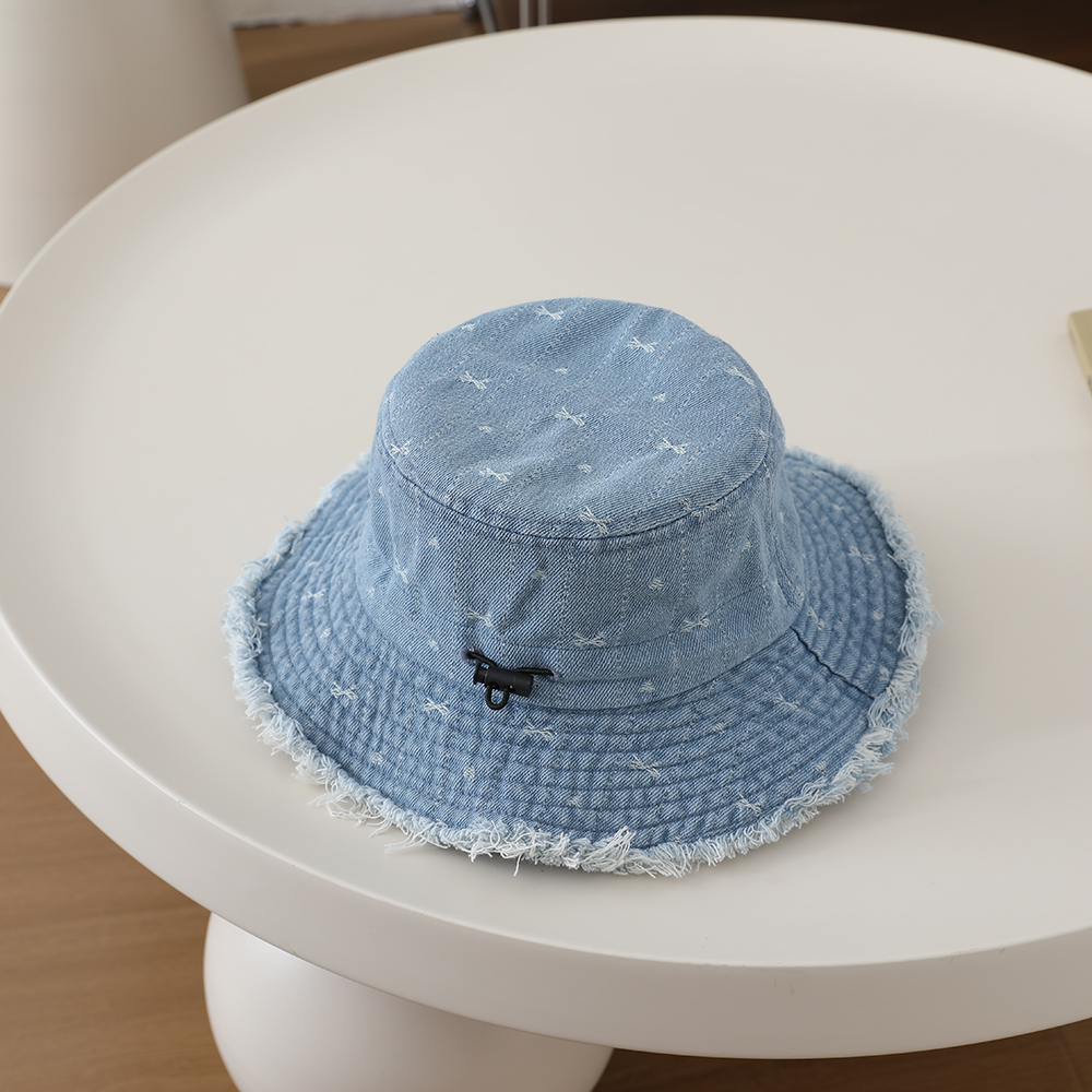 Full-printed Bow-shaped Heart Children's Denim Fisherman Hat, Washed And Distressed Fringed Bucket Hat For Outdoor Travel photo 4