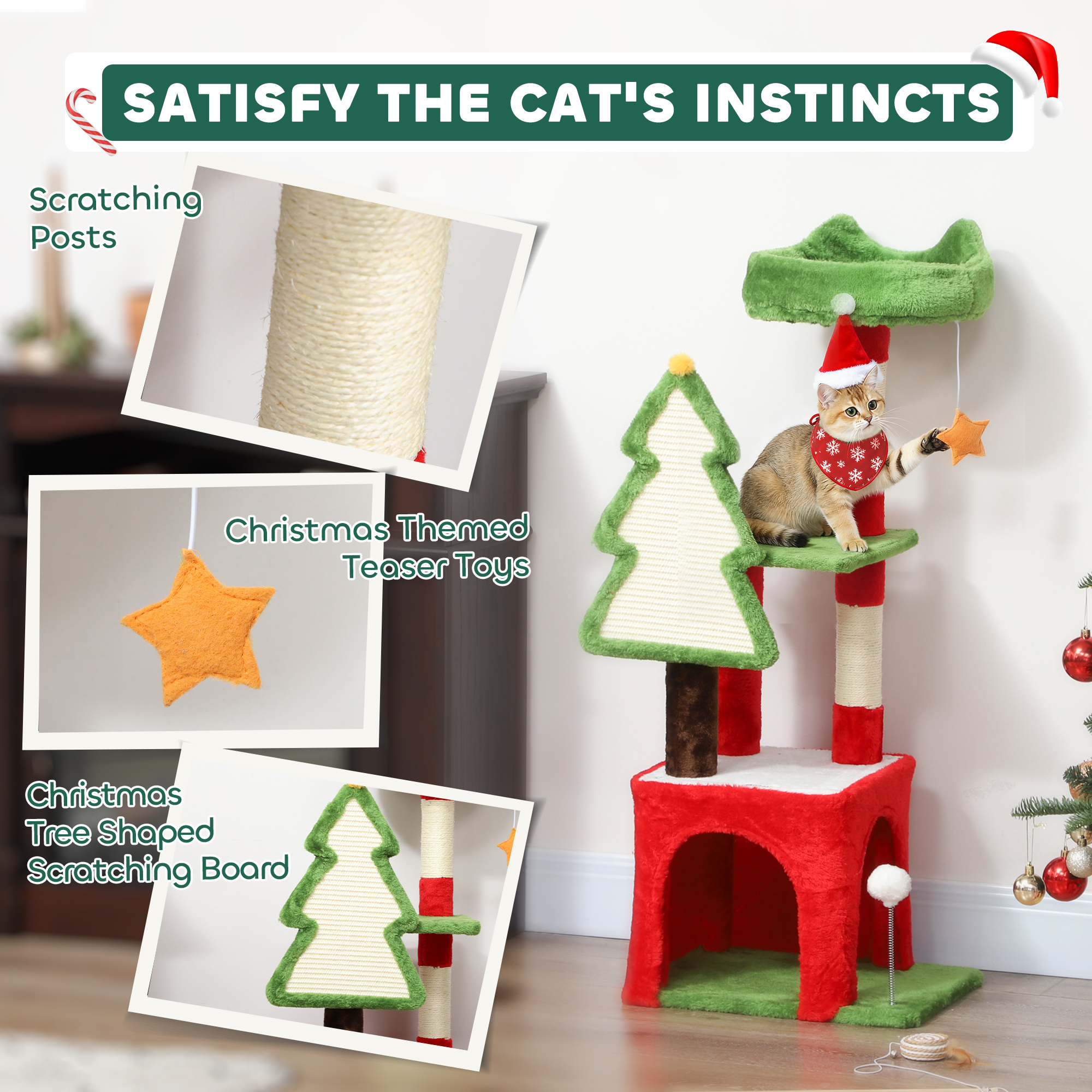 PawHut Christmas Cat Tree, 120cm Cat Tower With Scratching Post & Board, Platform, Toys, Green photo 4