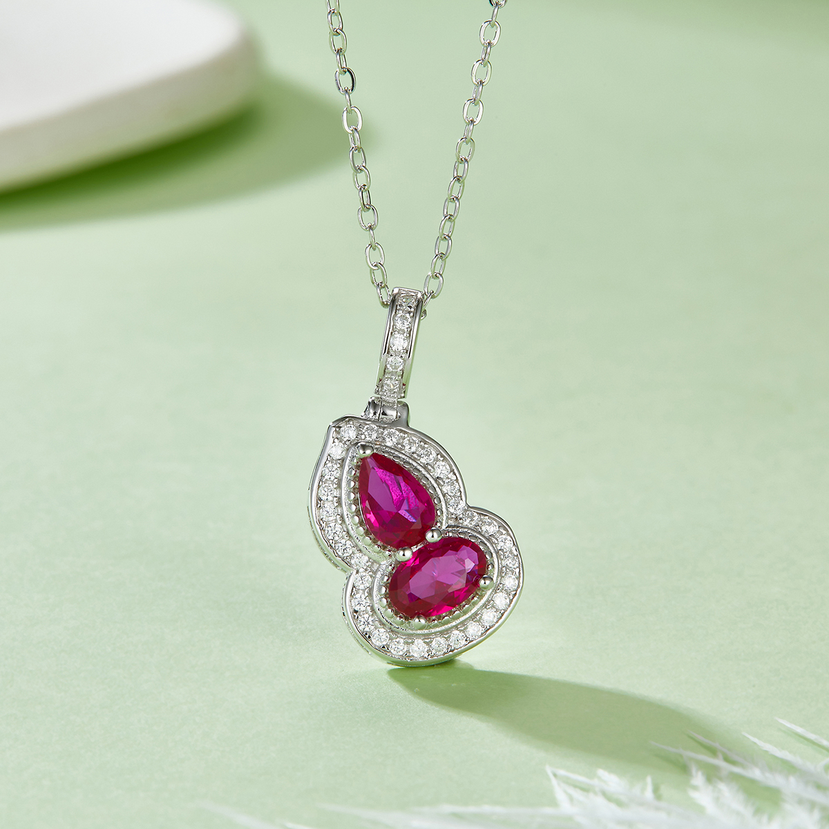S925 Silver 2.7g Lab-Created Ruby Necklace, 6.4mm Two-Stone Halo Pendant, 40&5cm photo 2