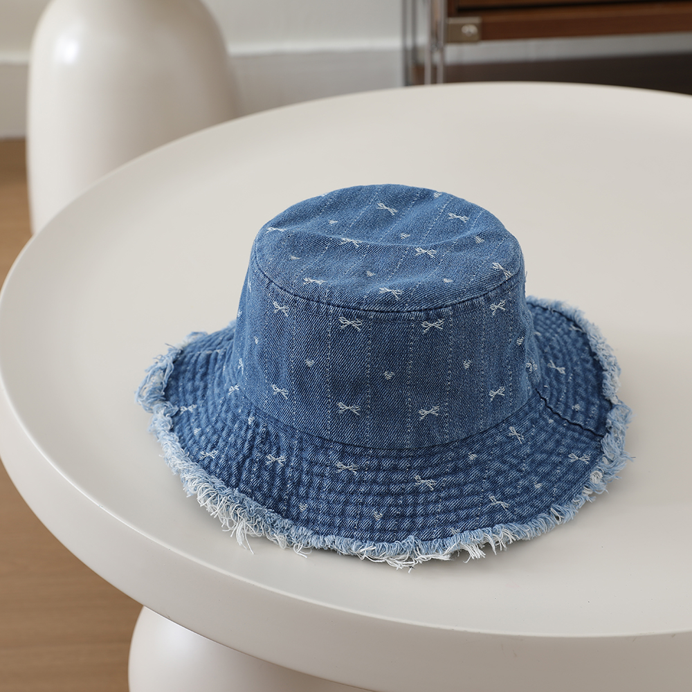 Full-printed Bow-shaped Heart Children's Denim Fisherman Hat, Washed And Distressed Fringed Bucket Hat For Outdoor Travel photo 5