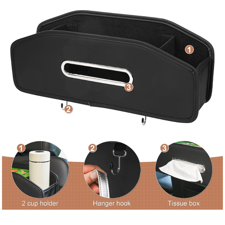 Car Seat Back Organizer With 2 Drink Cup Holder, Car Tissue Holder And Storage Box Hook, 3 In 1 Multifunctional Storage For Food Drink Phone, Travel Accessories Black photo 5