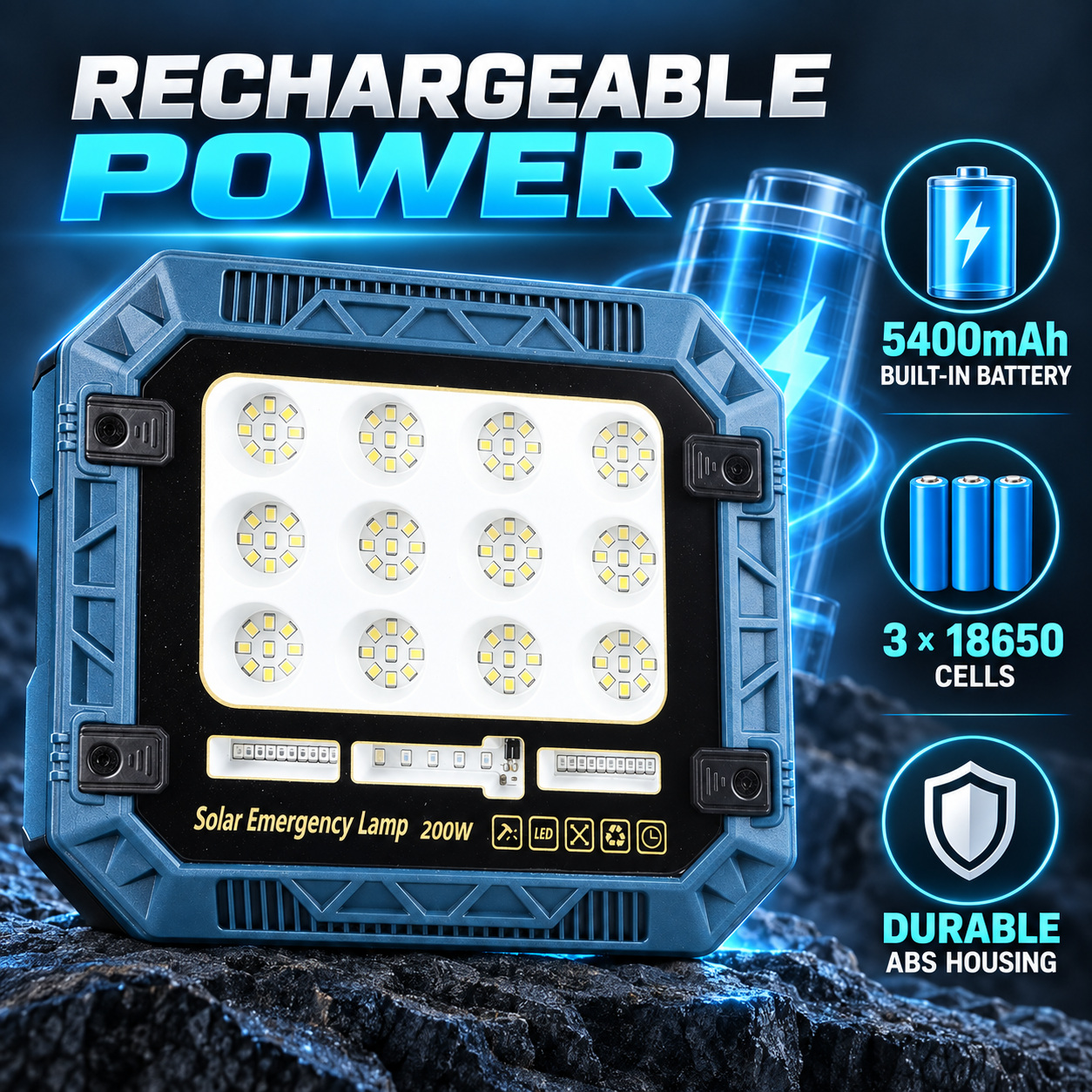Solar Powered Rechargeable Battery Display 18650 W8112 2 Red Blue Warning LED Flood Light SMD photo 2