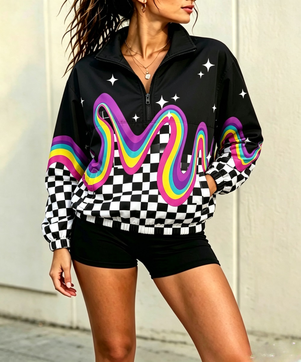 Women's Half Zip Stand Collar Windbreaker Jacket, Black White Star Print Long Sleeve Pullover Outerwear photo 5