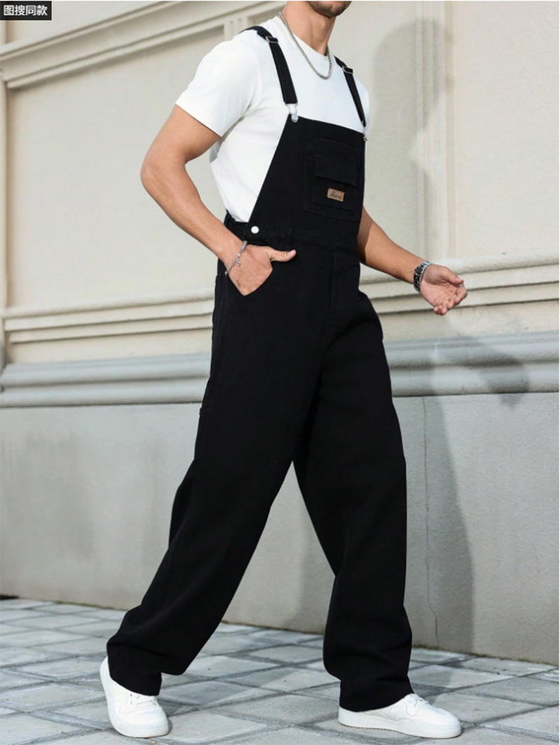 Black Denim Overalls Men Loose Straight Leg Bib Overalls Utility Workwear Jumpsuit US Ready Stock photo 5
