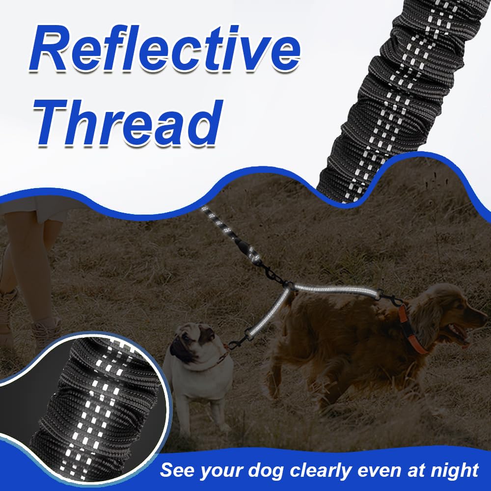 Double Dog Leash,No  Dual Leash,  Swivel  Free Bungee Walking Training For Medium Small Dogs, Shock Absorbing Bungee Reflective For Two Dogs photo 5