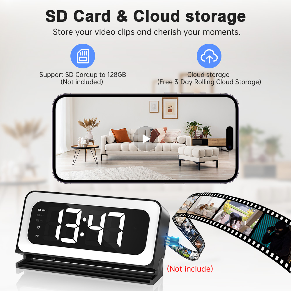 3MP Black Color Wireless Wifi Alarm Clock Camera Video Recording Home Baby Monitor photo 8