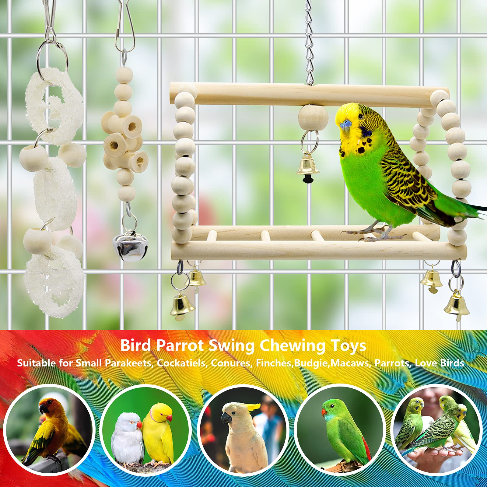 7 Packs Bird Parrot Swing Chewing Toys-Hanging Bell Bird Cage Playing Toys Hanging Rope And Clip Design, Suitable For Small Parakeets, Cockatiels, Conures, Finches,Budgie,Macaws, Parrots, Love Birds photo 7
