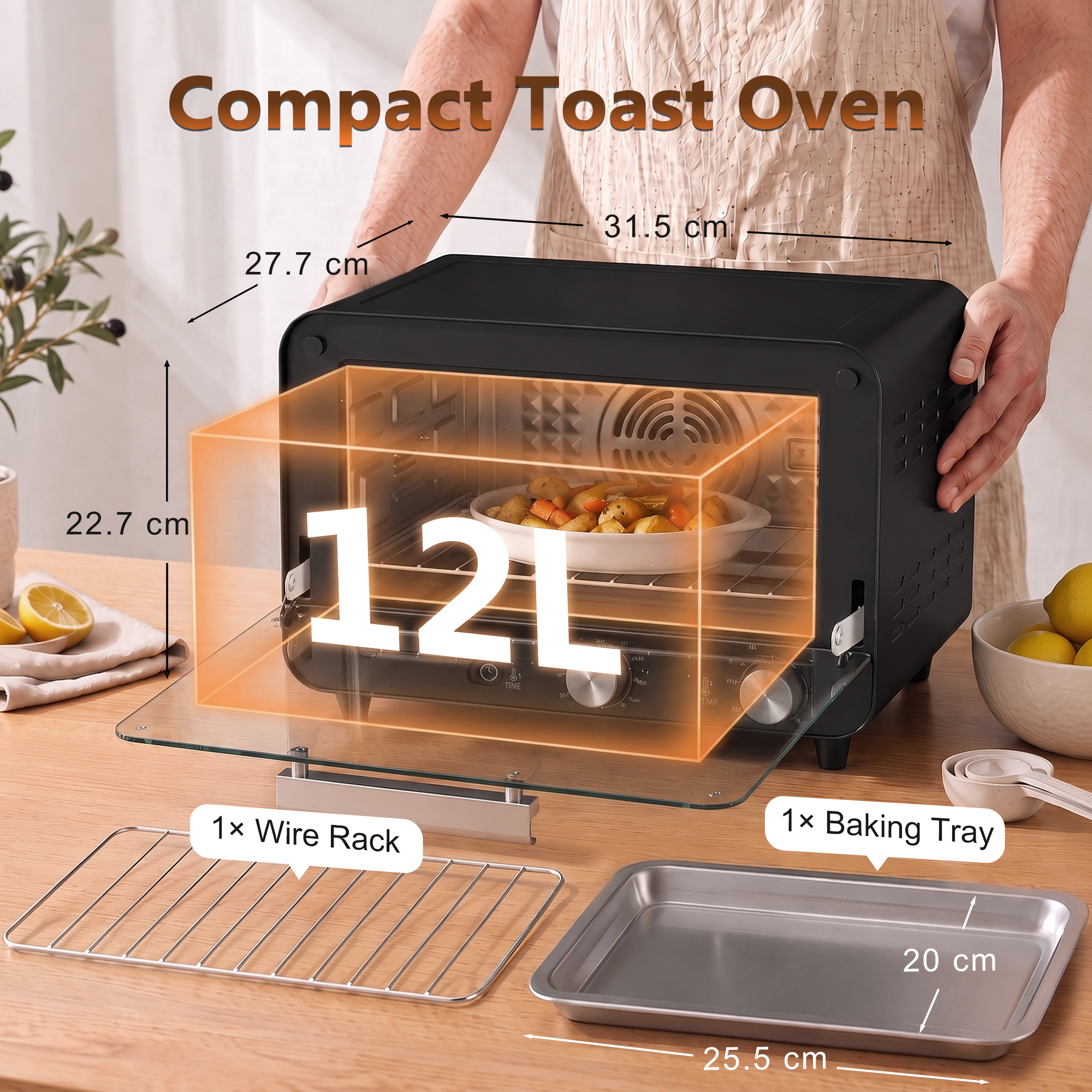 Small Toaster Oven, 12L Multifunction Mini Countertop Oven With Glass Door, Adjustable Temperature And Timer, Black photo 6