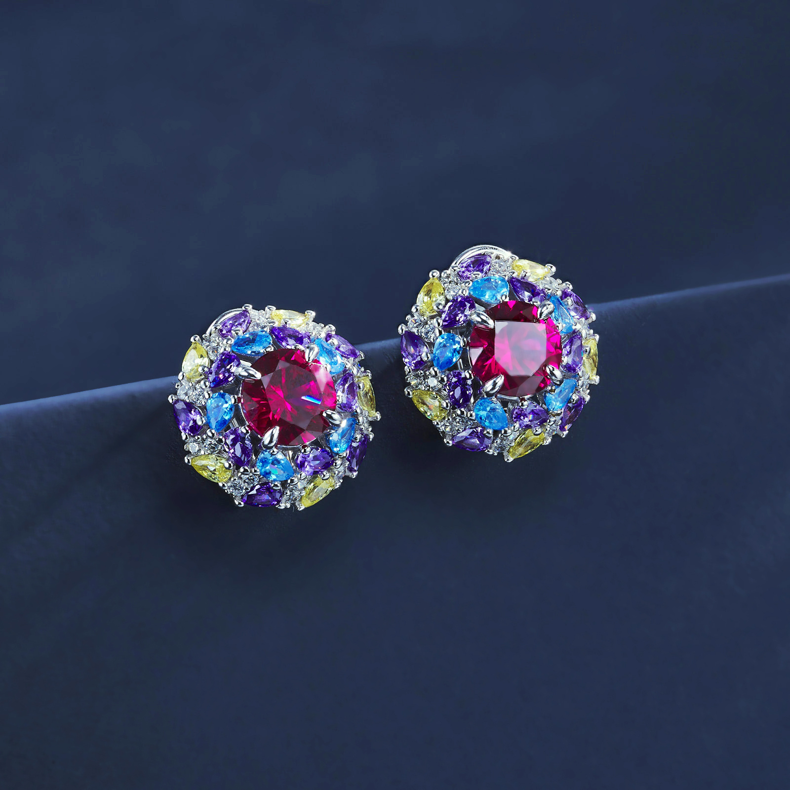 S925 Silver 6.5g 2ct Lab-Created Ruby Earrings, Multicolor Cluster, Pair photo 3