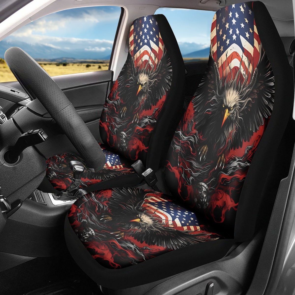 2 Front Car Seat Covers, Digitally Printed With An Eagle Pattern, Thin, Suitable For All Seasons, Fashionable Car Seat Covers photo 8