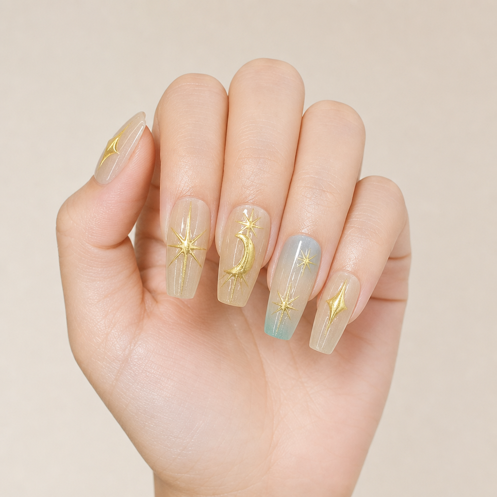 Star Moon Glossy Coffin Press-On Nails photo 4