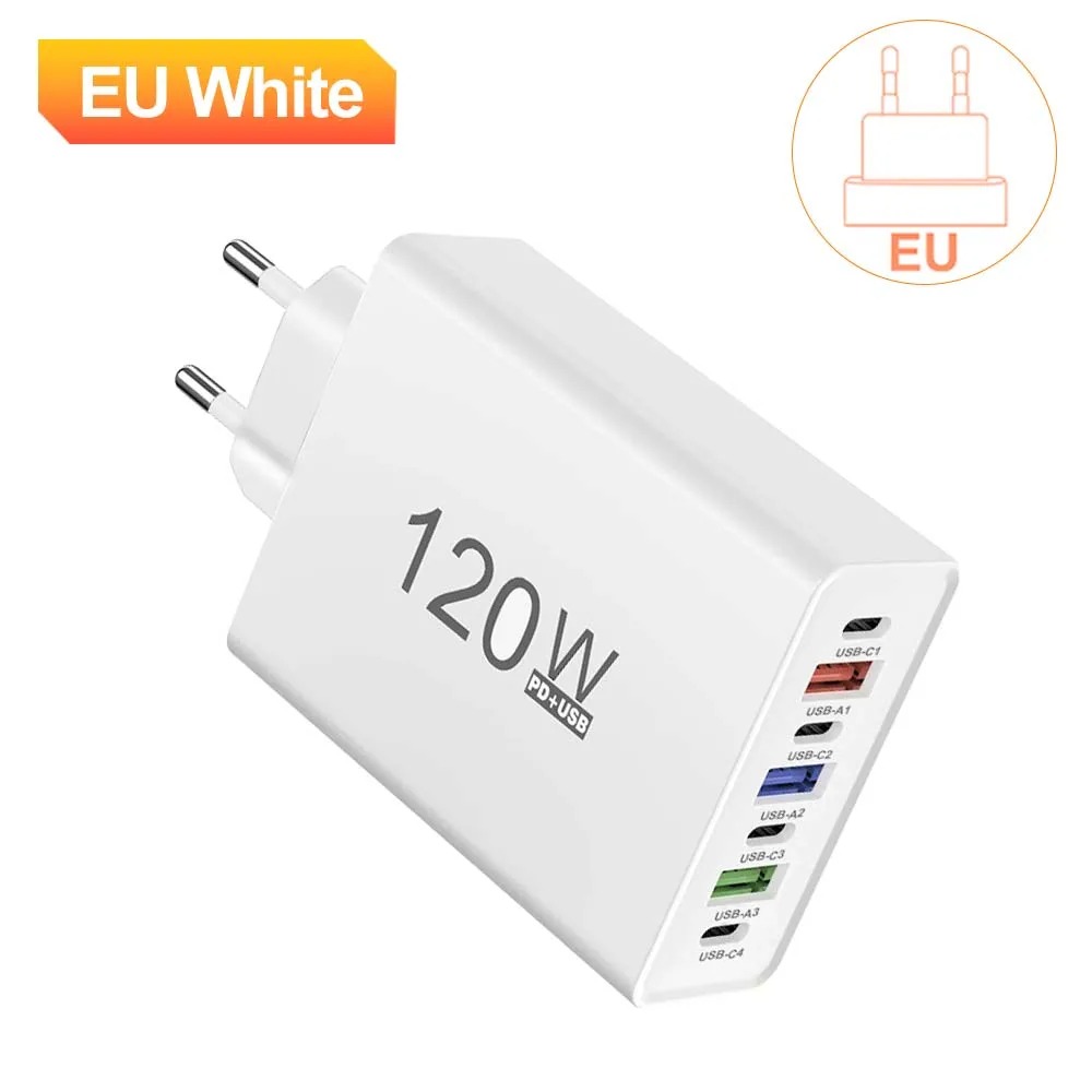 USB-C Charger, 120W Total Power, Multi-port Fast Charging, Type-C Interface, Compatible With IPhone, Samsung, Huawei, And Other Mobile Phones, European Standard Plug, Wall Charger. photo 3