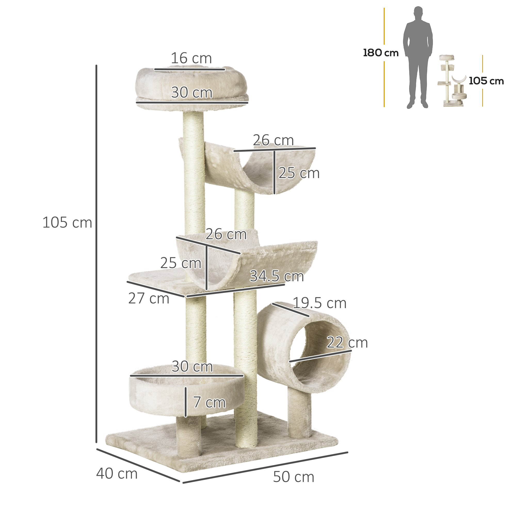 PawHut Cat Tree For Indoor Cats Kitten Pet Scratching Post Perch Activity Center Scratcher Climb Post Play House Arch With Tunnel 105cm Tall Beige photo 5